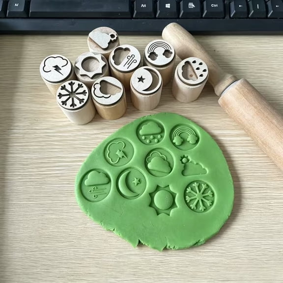 Weather Themed Wooden Stamps for Clay Pottery - 9pcs Nature Pattern Stamp Set for DIY Crafts, Scrapbooking & Card Making