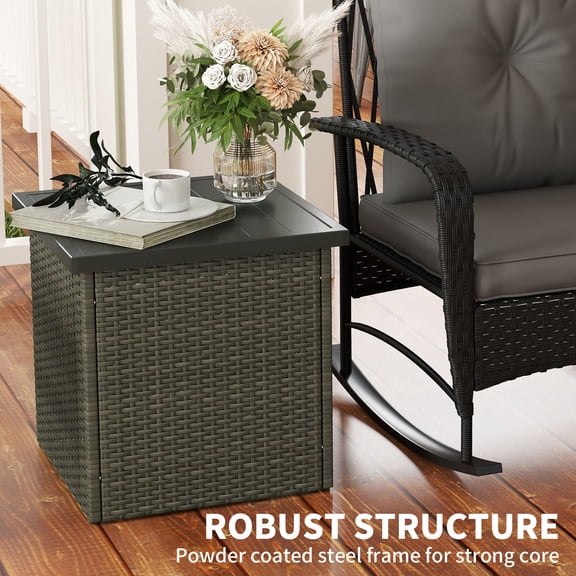 All Weather Wicker Side Table with 1.5 Umbrella Hole, Square Outdoor End Table, UV-Resistant Steel Frame, Storage Space for Patio, Mixed-Brown 20x20x20 Inches