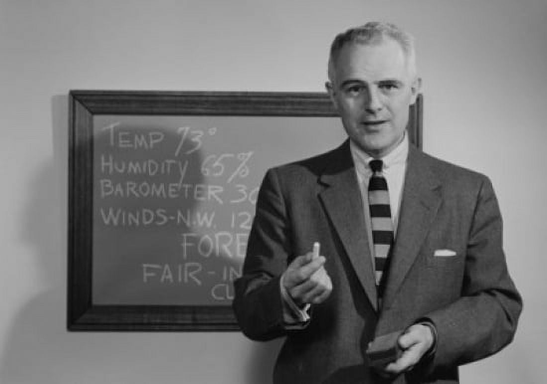 Weather presenter in front of blackboard Canvas Art - (24 x 36)