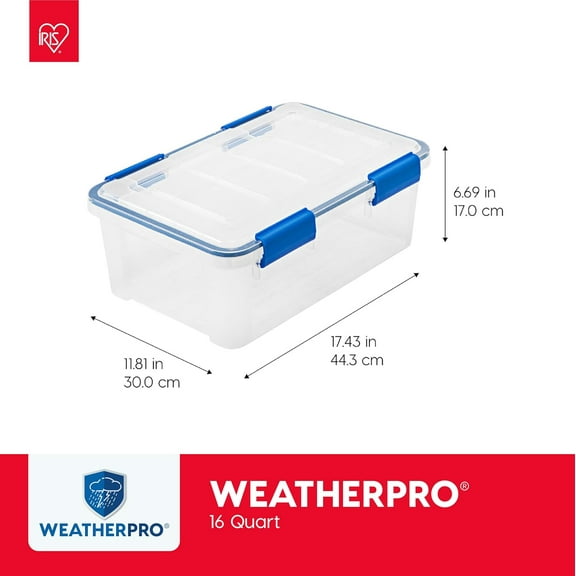 WeatherPro 16 Qt Storage Bins with Lids, 3 Pack, Plastic Gasket Box with Tight Latch and Seal, Stackable Nestable Tote Tub - /Blue