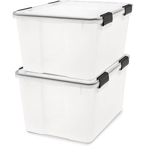 WeatherPro 47 Qt Storage Bins with Lids, 2 Pack, BPA-Free Plastic Gasket Box with Tight Latch and Seal, Stackable Nestable Tote Tub - Clear/Black