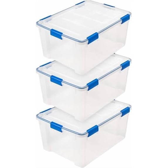 WeatherPro 60 Qt Storage Bins with Lids, 3 Pack, BPA-Free Plastic Gasket Box with Tight Latch and Seal, Stackable Nestable Tote Tub - Clear/Blue