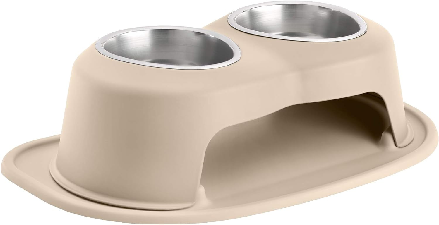 Tan Elevated Pet Feeding System with Stainless Steel Bowls