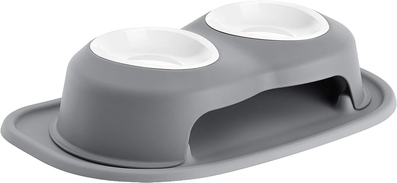 Elevated Dark Grey Plastic Pet Feeding System with Bowls