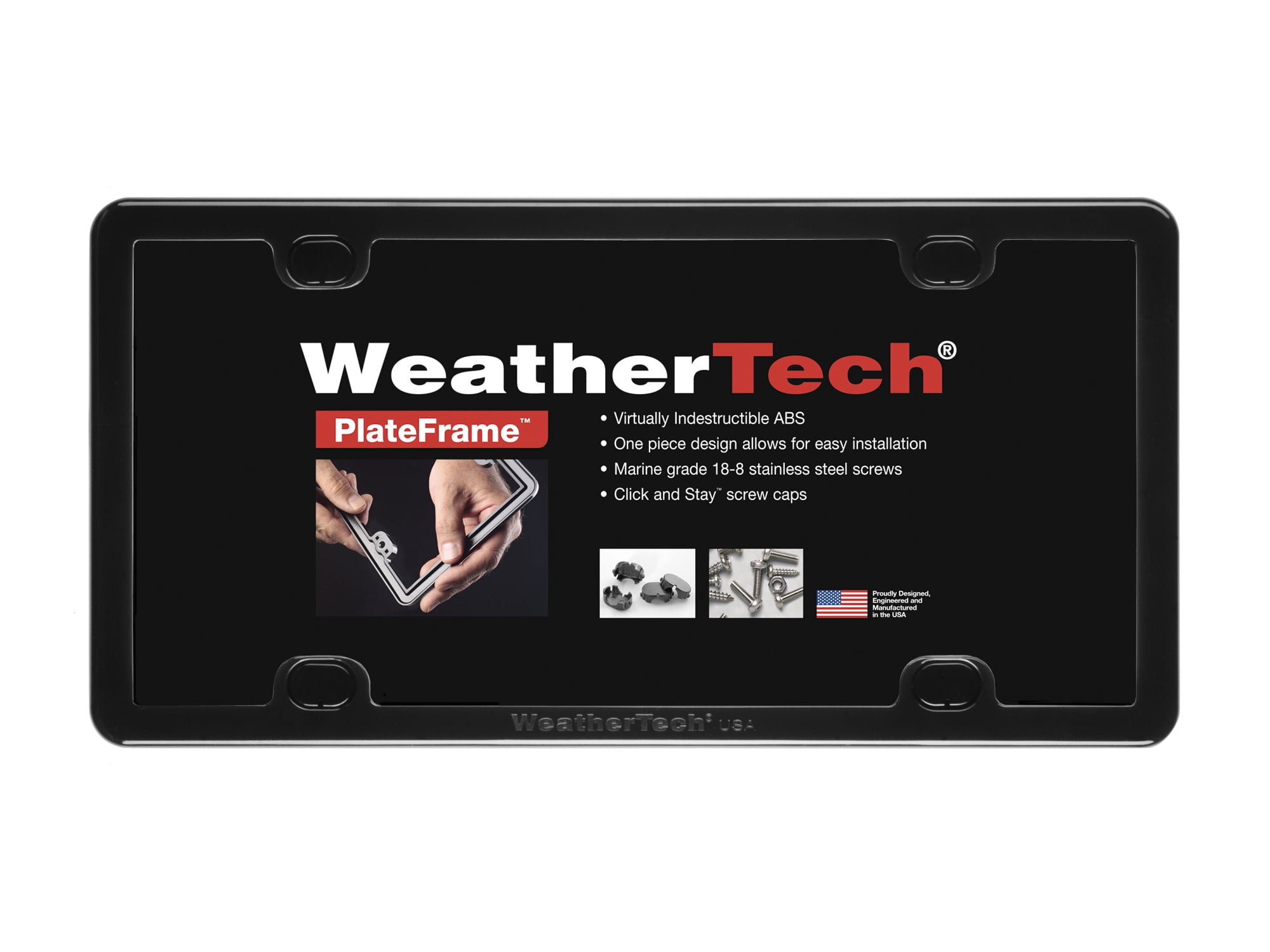 WeatherTech PlateFrame Solid black weatherresistant low profile protective license plate