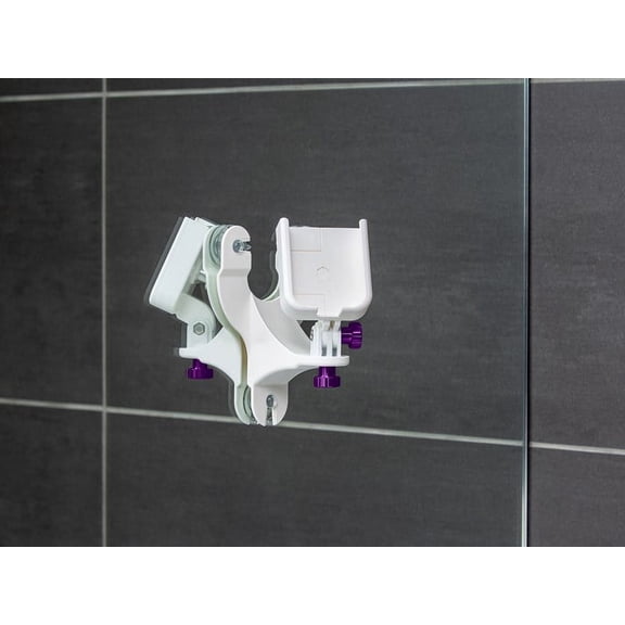 WeatherTech Rotating MirrorFone - White with Solid Billet Aluminum Knobs, Violet - Phone Holder Mount for Bathroom Kitchen Shower Mirror Tile (8ARM2PU)