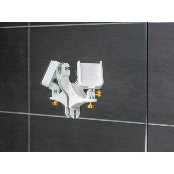 WeatherTech Rotating MirrorFone - White with Solid Billet Aluminum Knobs, Gold - Phone Holder Mount for Bathroom Kitchen Shower Mirror Tile (8ARM2GD)