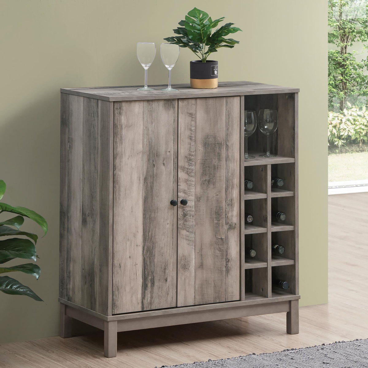 Weathered Acacia Wine Cabinet with 2 Doors, Rustic Farmhouse Bar ...