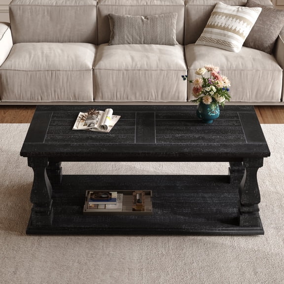 Weathered Black Farmhouse Coffee Table, Crafted with Heavy Planked Top & Square Baluster Legs, 47.24" Long Rustic Living Room Table with Storage Shelf