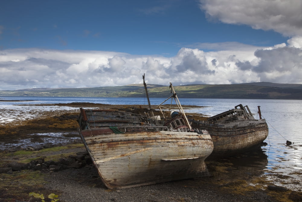 Weathered Boats Abandoned At The Waters Edge Salem Isle Of Mull Scotland Canvas Art - John Short Design Pics (19 x 12)