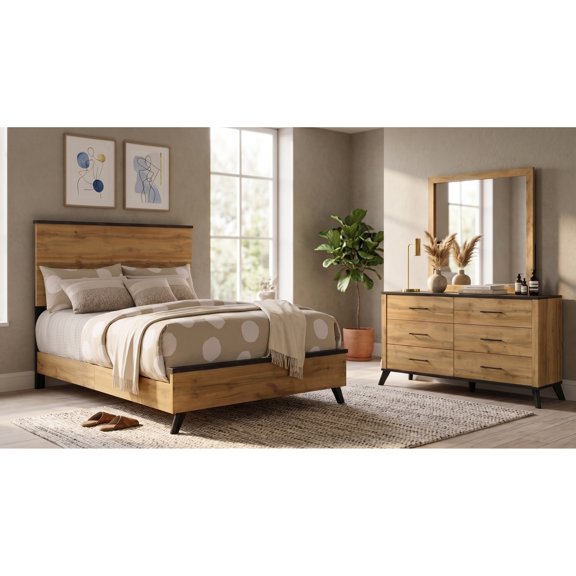 Weathered Brown Natural Pine Full 3-Piece Bedroom Set with Panel Bed, 6-Drawer Dresser & Mirror, Mid-Century Modern, Rustic Wood Grain Finish