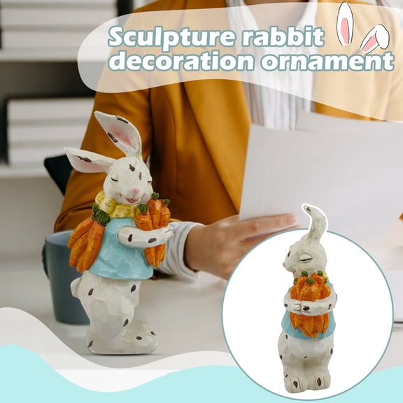 Weathered Carved Bunny With Carrots Figurine, Easter Decorations For Home And Festive Displays, Bunny Ornament For Easter Themed Celebrations