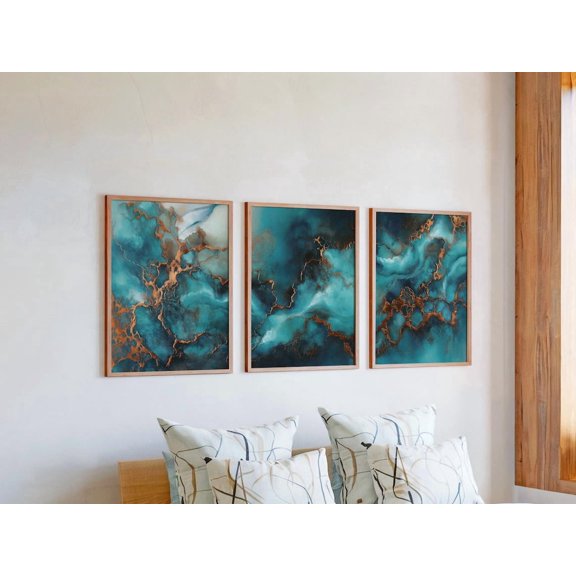 Weathered Copper Patina Prints Set Of 3, Turquoise Rust Abstract Wall Art