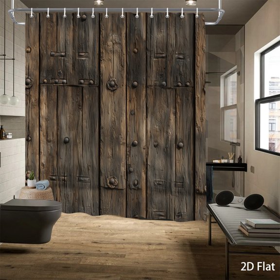 Weathered Dark Vintage Wood Plank Metal Rivet Texture Shower Curtain with Hooks, Industrial Farmhouse Bathroom Decor