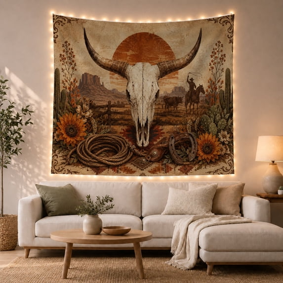 Weathered Dominated Bleached With Steer Skull Behind Rusty, Spooky Gothic for Gothic Decor Fans, Dark Art Decor, Halloween Gift, Tapestry Wall Hanging for Bedroom and Dorm