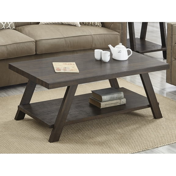 Weathered Espresso Wood Coffee Table by Athens with Splayed Legs and Shelf
