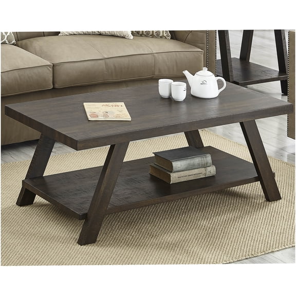 Weathered Espresso Wood Coffee Table with Storage Shelf, Rectangular Contemporary Design for Living Room