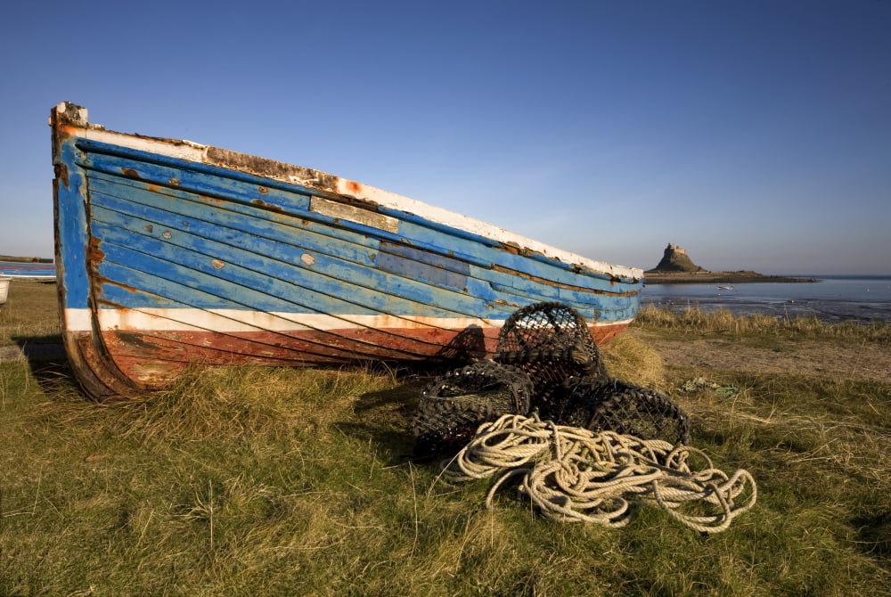Weathered Fishing Boat On Shore Holy Island Bewick England Canvas Art - John Short Design Pics (34 x 22)
