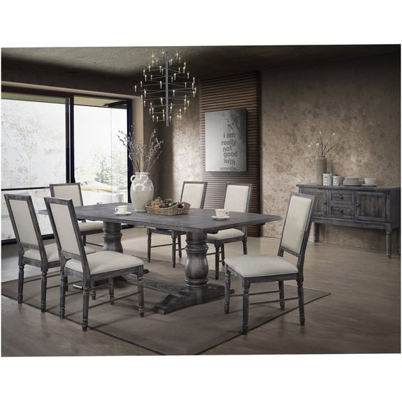 Weathered Gray 7-Piece Dining Set, Synthetic Wood Trestle Table and Upholstered Chairs for Elegant Dining Room