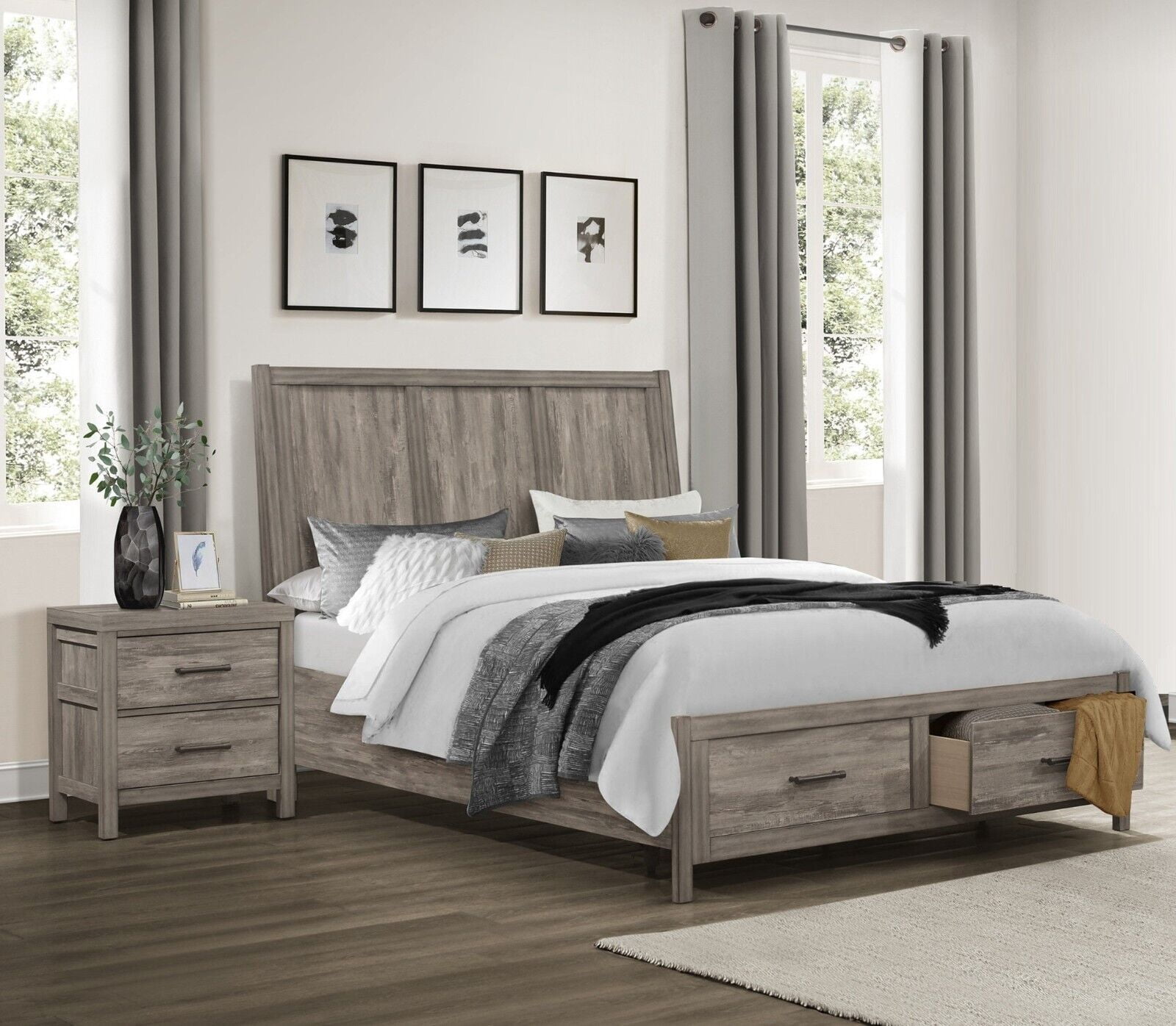 Weathered Gray Finish 3pc Bedroom Platform King Bed with Drawers Two ...