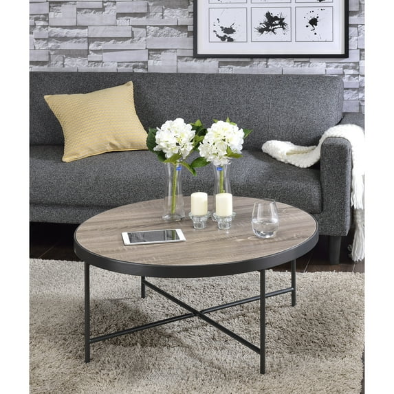 Weathered Gray Oak And Metal Constructed Coffee Table Industrial With Look Trim