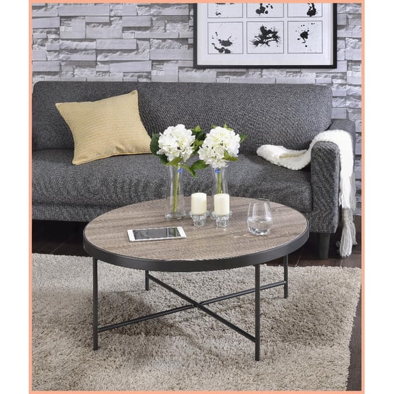 Weathered Gray Oak Round Coffee Table - Industrial Metal Base, Stable X-Bar Support & Easy Assembly