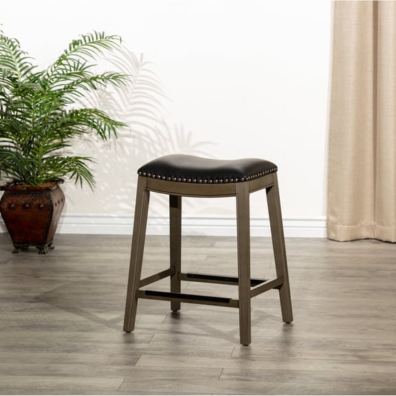 Weathered Gray Saddle Stools with Leather Seat / Durable for Long - term Use