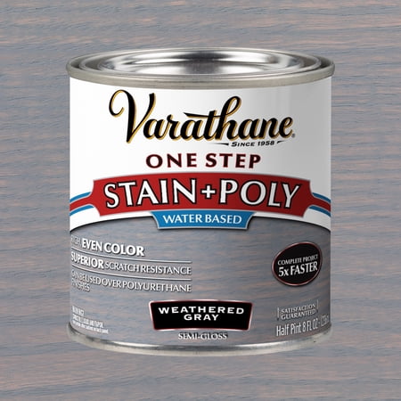 Weathered Gray, Varathane One Step Interior Wood Stain + Polyurethane, Semi-Gloss -384361, Half Pint