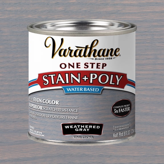 Weathered Gray, Varathane One Step Interior Wood Stain + Polyurethane, Semi-Gloss -384361, Half Pint
