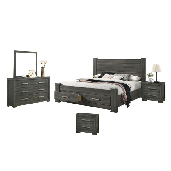 Weathered Gray Wood 5pc Bedroom Set with Queen Platform Storage Bed