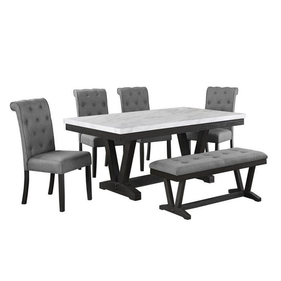 Weathered Gray Wood 7pc Dining Set with Beige Chairs