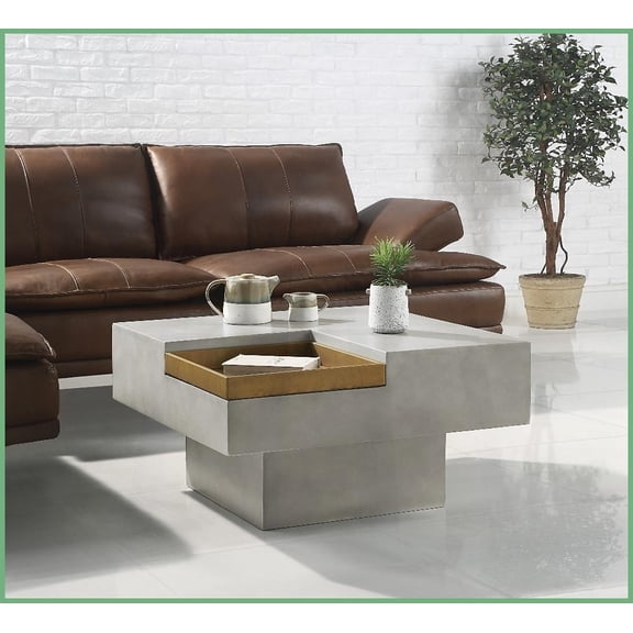 Weathered Grey Cement Coffee Table - Square Top with Removable Tray for Living Room Versatility