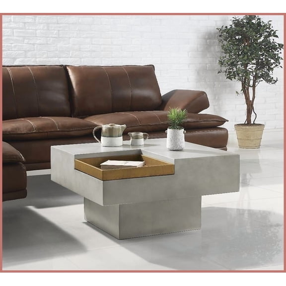 Weathered Grey Cement Coffee Table with Square Top & Pedestal Base Removable Tray for Versatile Use