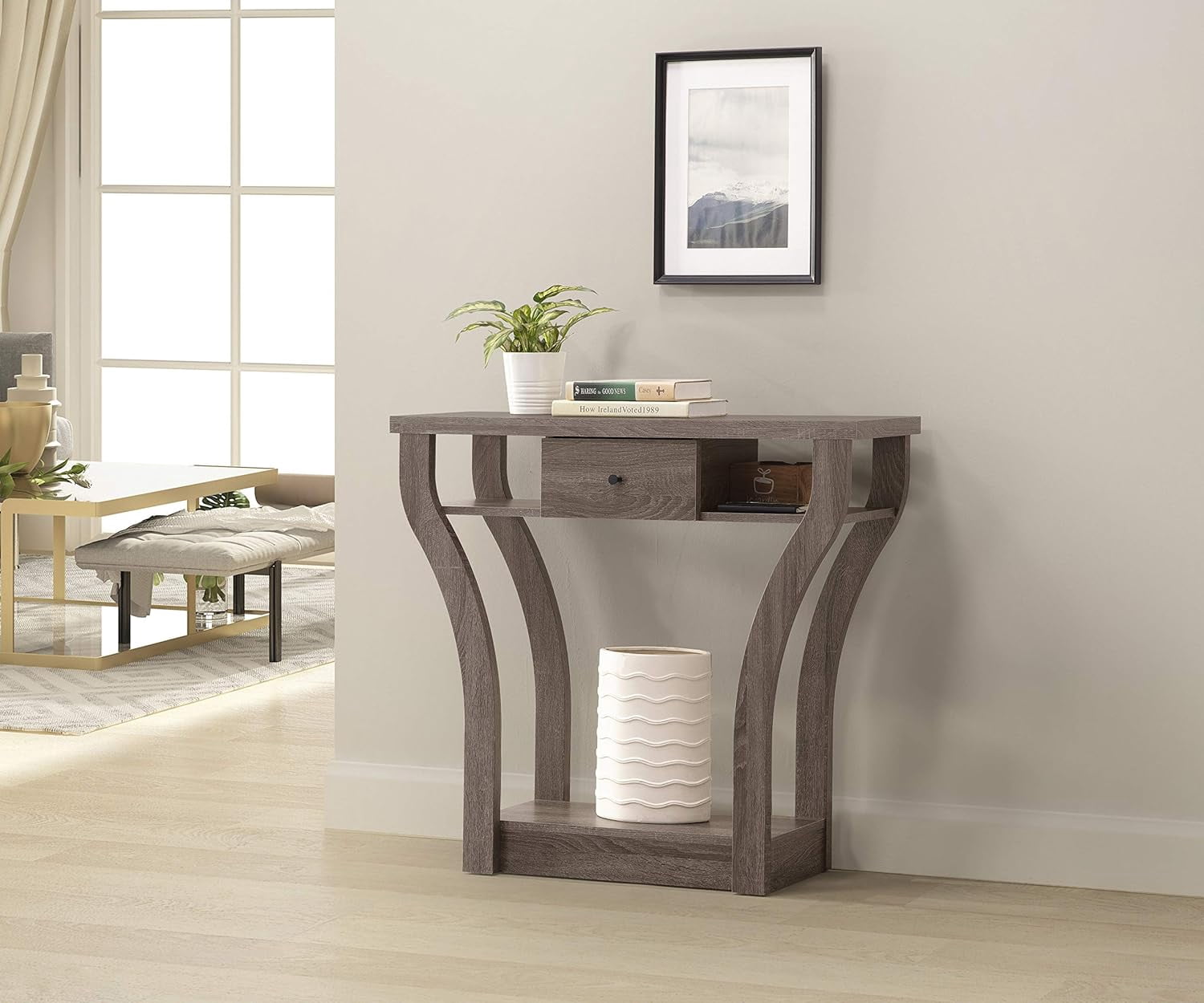 Weathered Grey Finish Curved Console Sofa Entry Hall Table with Shelf ...