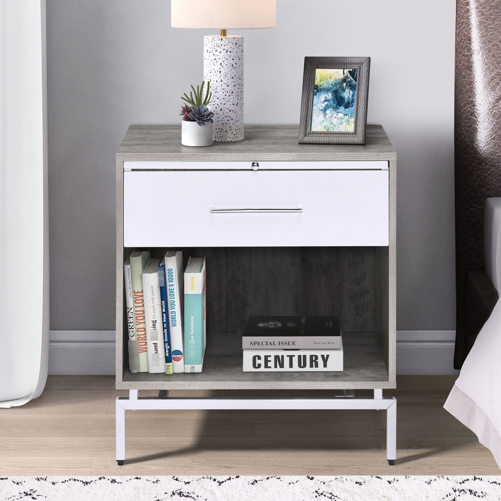 Weathered Grey Oak And White Accent Table With Drawer Open Compartment ...