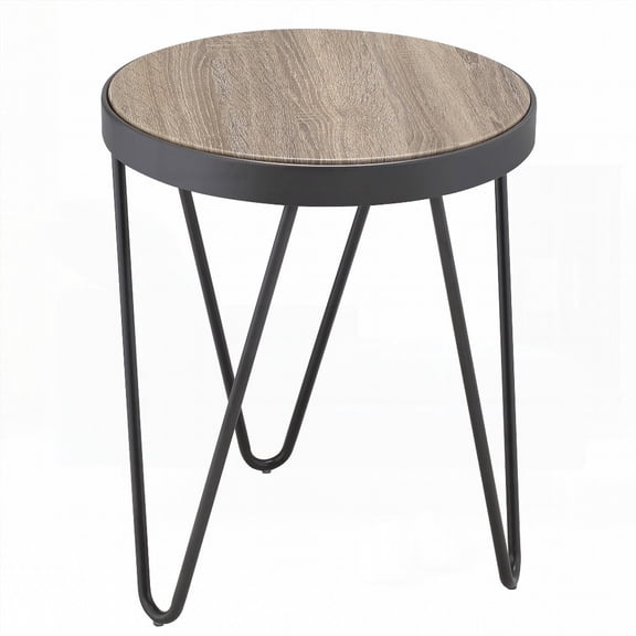 Weathered Grey Oak & Black End Table - Circular Design with Metal Trim and Ample Space