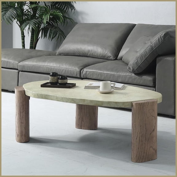 Weathered Grey & Oak Oblong Cement Coffee Table - Natural Style, Easy Disassembly, Stable 40mm Thick Top for Living Rooms