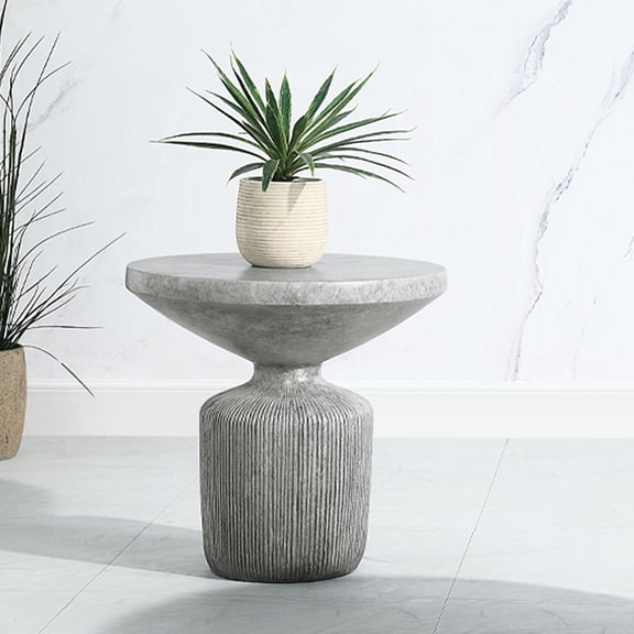 Weathered Grey Round End Table | Used in Primary Living Space for Various Needs | Durable Fiber Concrete Material | Pedestal Base Complements Tabletop