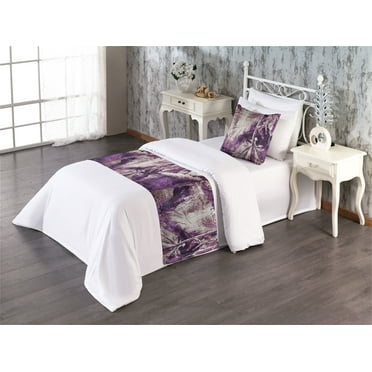 Weathered Leaves Bed Runner Set, Grunge Leaf Print Boho Vibes of Forest and Branches Tangled Look, Decorative Bedding Scarf & a Pillow Sham for Hotels Homes, Twin, Violet Pale Tan Plum, by Ambesonne