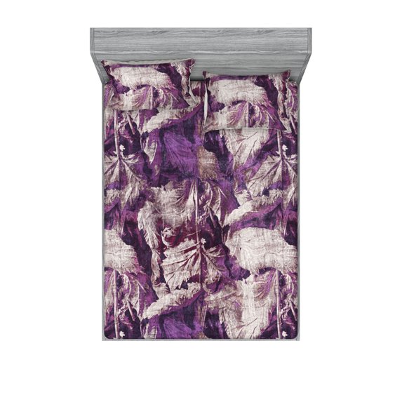 Weathered Leaves Fitted Sheet & Pillow Sham Set, Grunge Leaf Print Boho Vibes of Forest and Branches Tangled Look, Decorative Printed 3 Piece Bedding Decor, Calking, Violet Pale Tan Plum, by Ambesonne