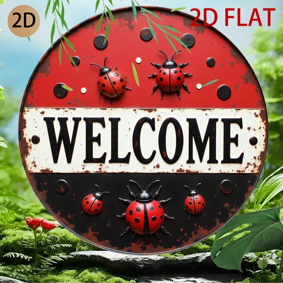 Weathered Metal Ladybug Welcome Sign, Vintage Round Wall Decor for Home Entrance, Garden Patio Outdoor Hanging Plaque