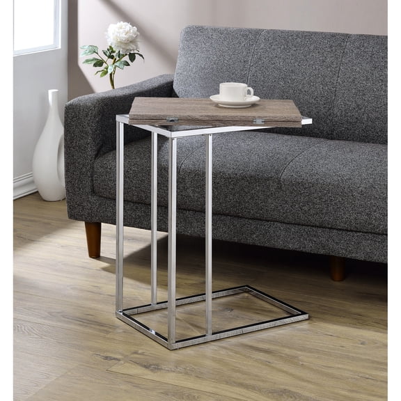 Weathered Oak Accent Table with Folding Mechanism and Chrome Base for Any Living Space Combines Charm and Function