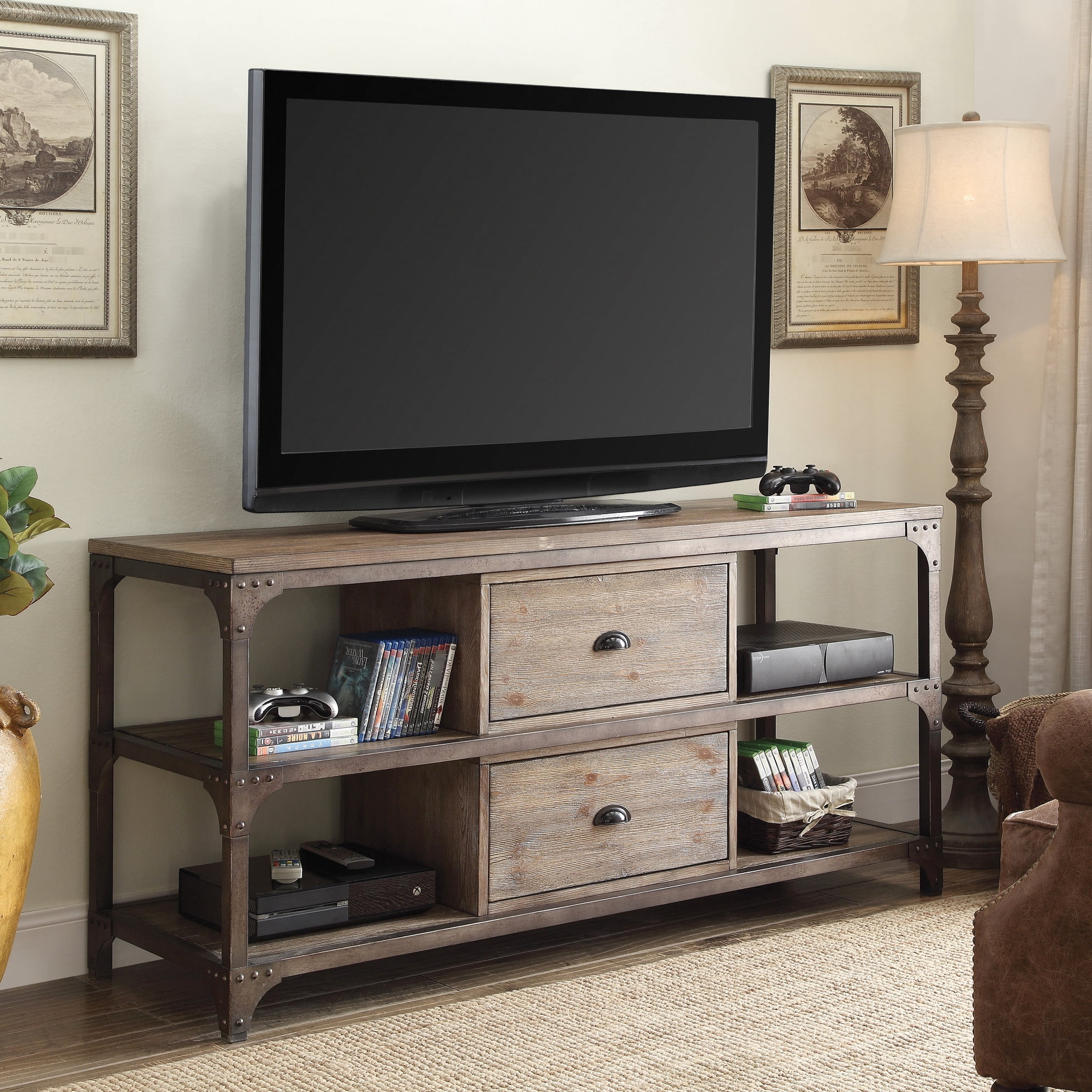 Weathered Oak & Antique Silver 4-shelf Tv Stand, Fits 55-inch Tvs ...