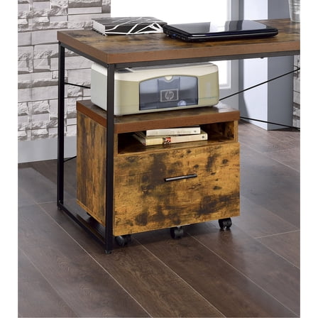 Weathered Oak & Black Metal File Cabinet with Drawer for Home Organization