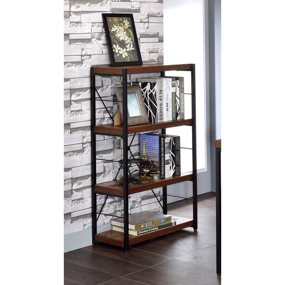 Weathered Oak & Black Metal Frame Open Bookshelf 24"W  11"D  43"H 4-Tier Composite Wood Storage Display Rack for Home Office