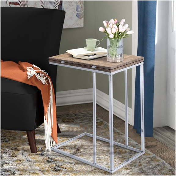 Weathered Oak Chrome End Table with Expandable Swivel Top and Geometric Base for Living Room