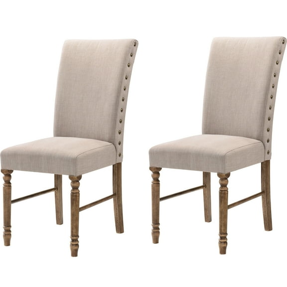 Weathered Oak Finish Cream Linen Parson Side Chairs (Set of 2) | Complement Dining Room Interiors Well | With Vintage - Inspired Turned Legs and Nailhead Trim | Provides a Timeless Aesthetic
