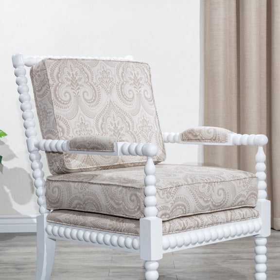 Weathered Oak Spindle Accent Chair, Charcoal Fabric Upholstered Armchair for Living Room,White
