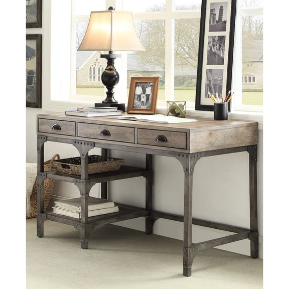 Weathered Oak and Antique Silver Freestanding Rectangular Writing Desk with 3 Drawers for Office Studying