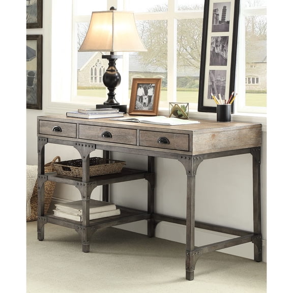 Weathered Oak and Antique Silver Rectangular Writing Desk with 3 Drawers for Home or Office Studying